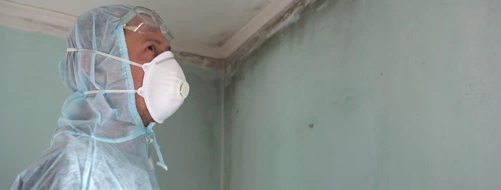 man dressed in ppe gear to perform mold remediation services on mold filled room