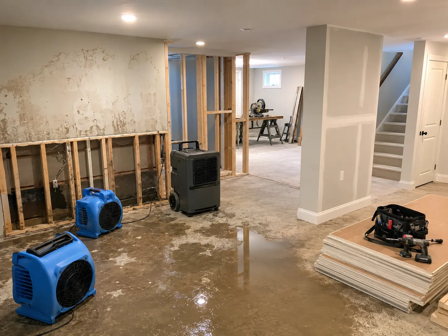 Water mitigation restoration and reconstruction process with drying equipment and exposed wall materials