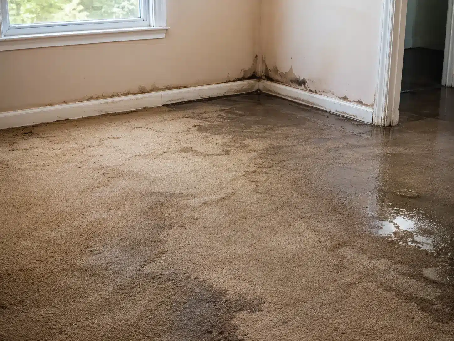 Carpet cleaning after water damage with wet carpet stains and moisture near baseboards