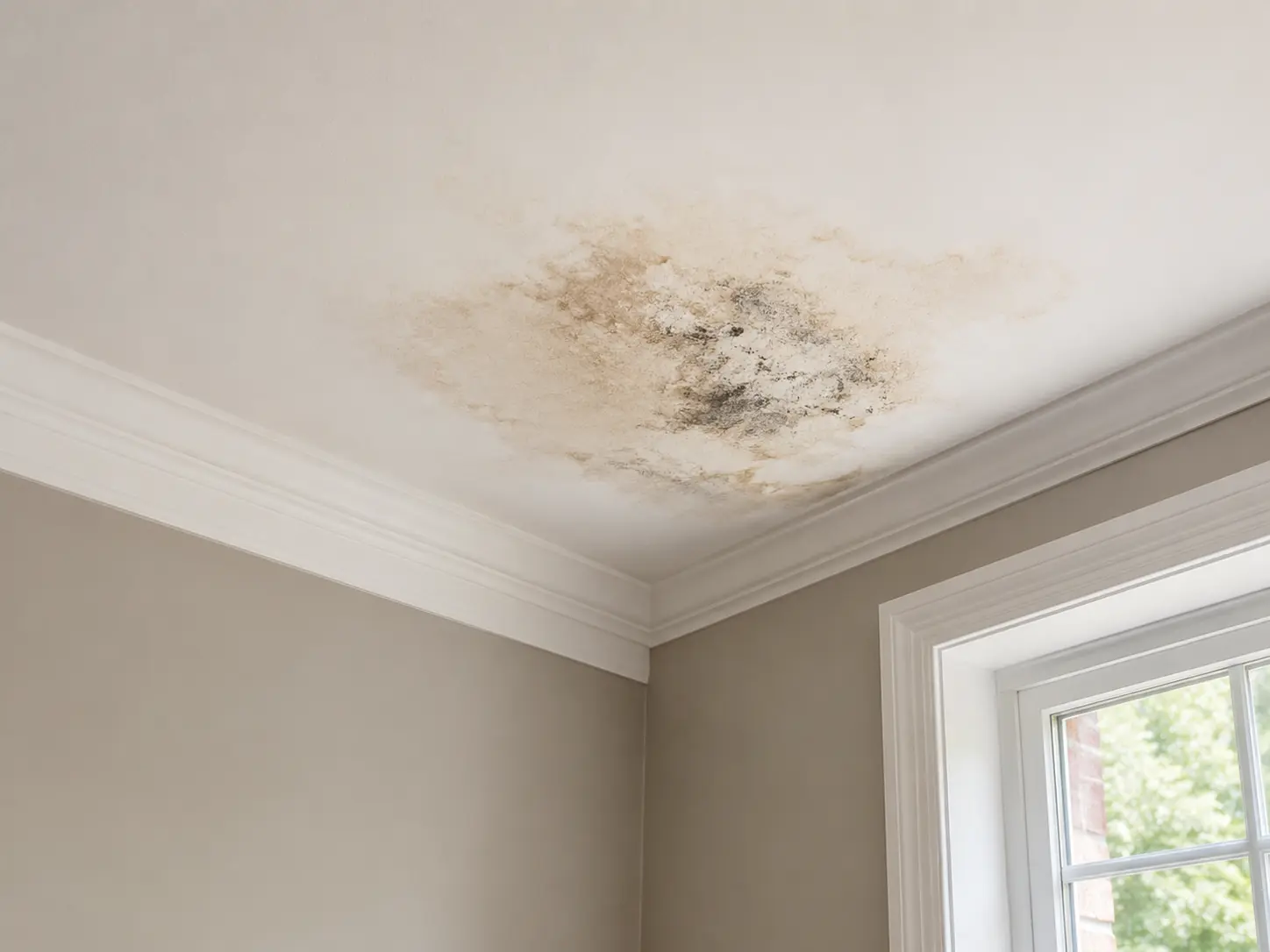 Small roof leak cause mold warning sign on ceiling with water stain