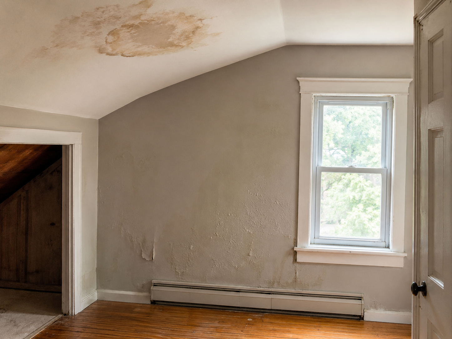 Hidden water damage after storm with ceiling stain and damp interior wall