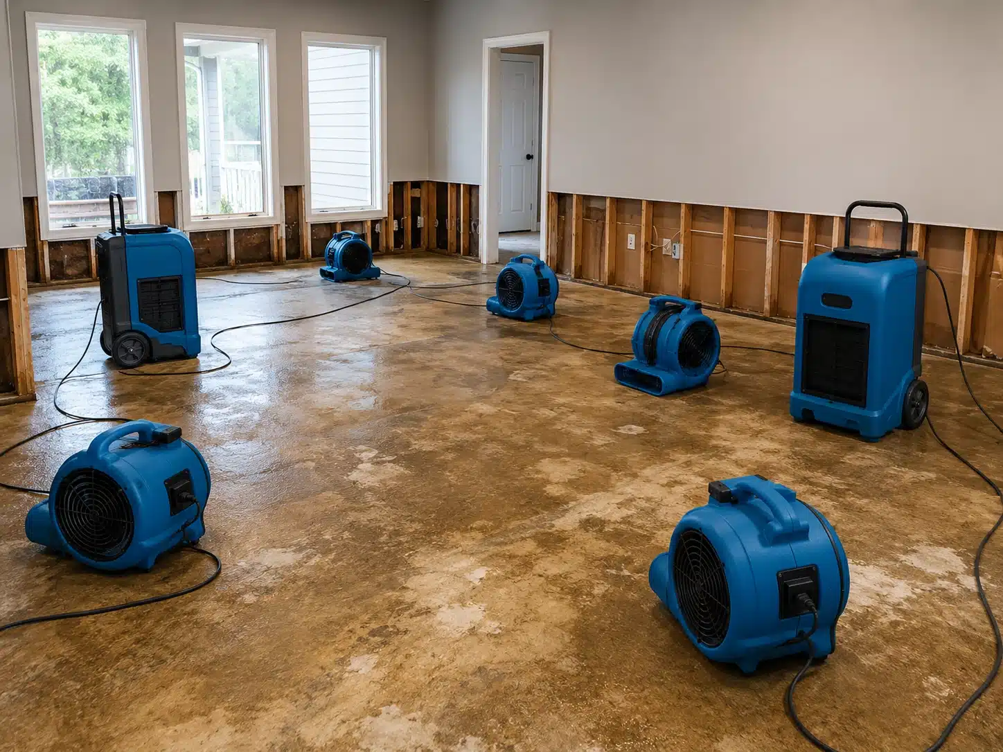 Air movers and dehumidifiers drying a water-damaged room after professional extraction