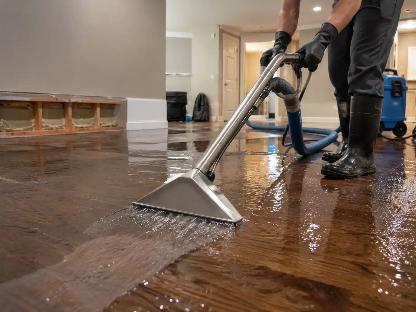 Professional water extraction equipment removing flood water from damaged flooring