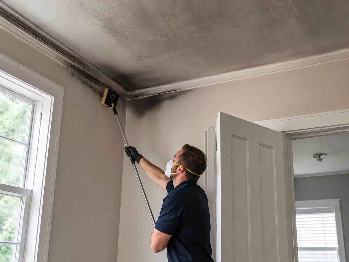 Soot staining and smoke damage across a ceiling after a residential fire