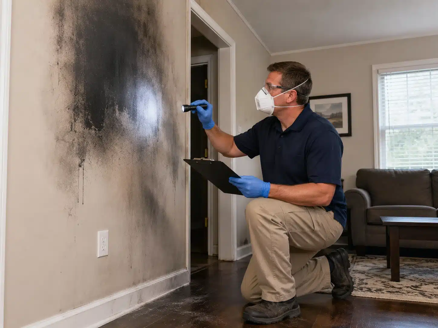 Restoration technician inspecting smoke damage inside a home after a fire