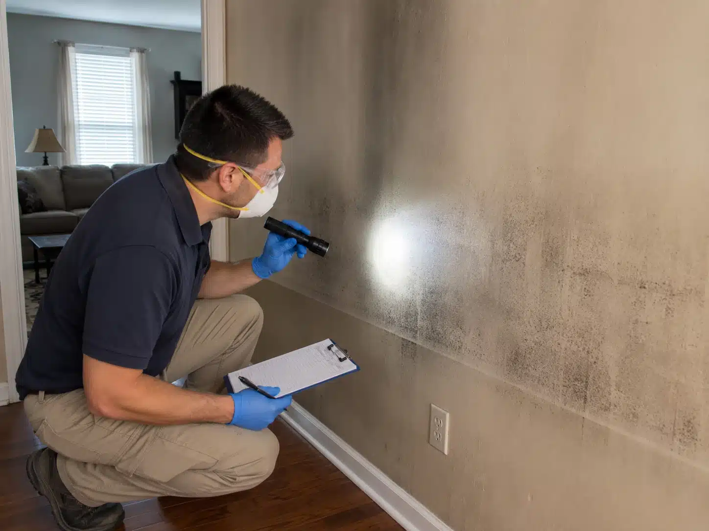 Professional inspection of soot and smoke damage on an interior wall after a fire