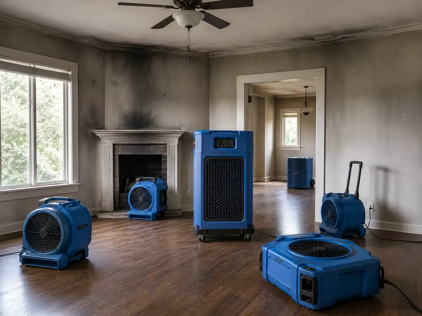 Air cleaning equipment operating inside a smoke-damaged room