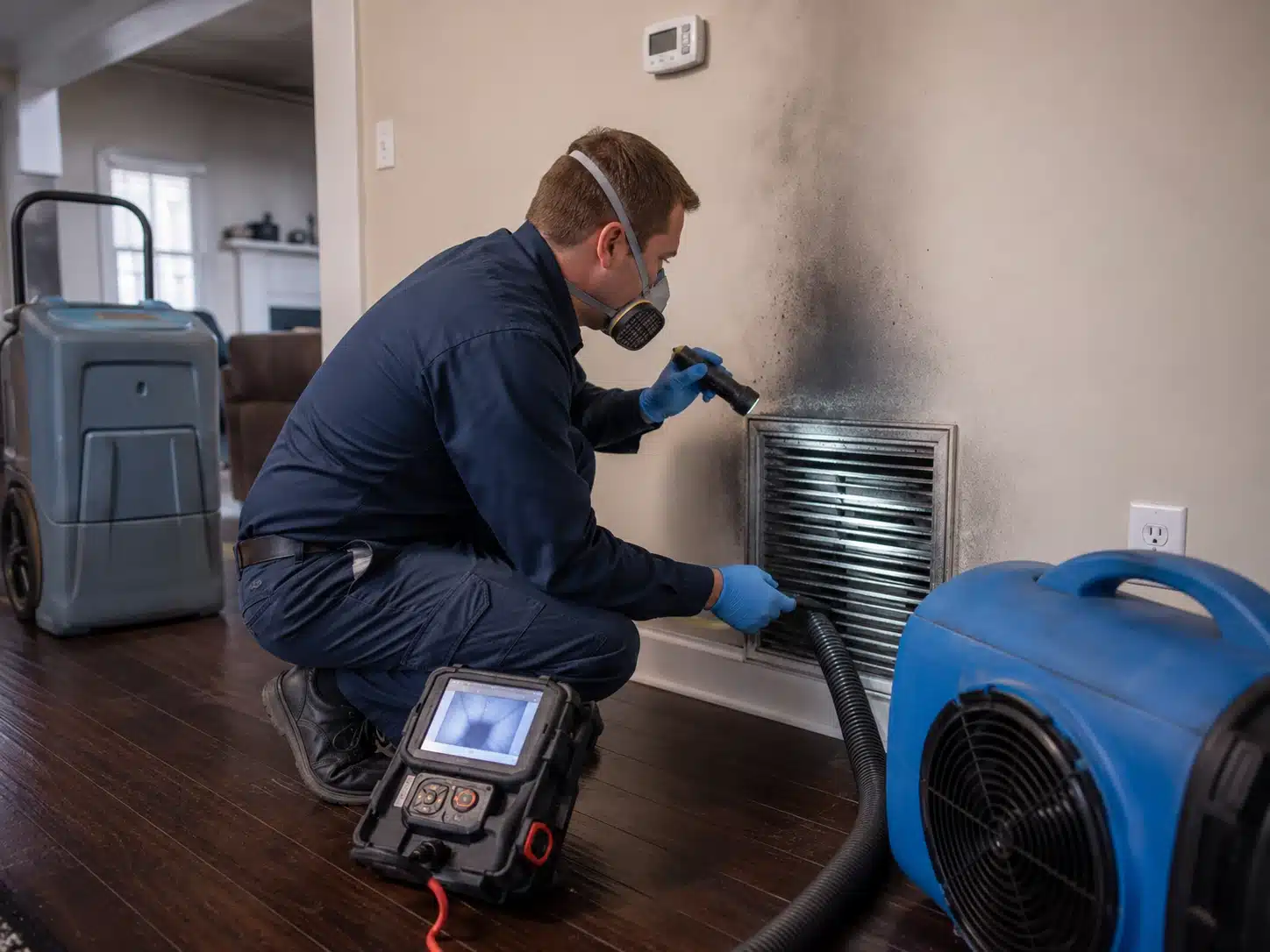 Inspection of smoke residue around an air duct and vent after fire damage