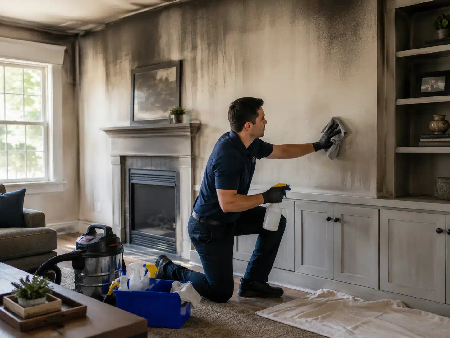 Professional soot cleaning on an interior wall after smoke damage