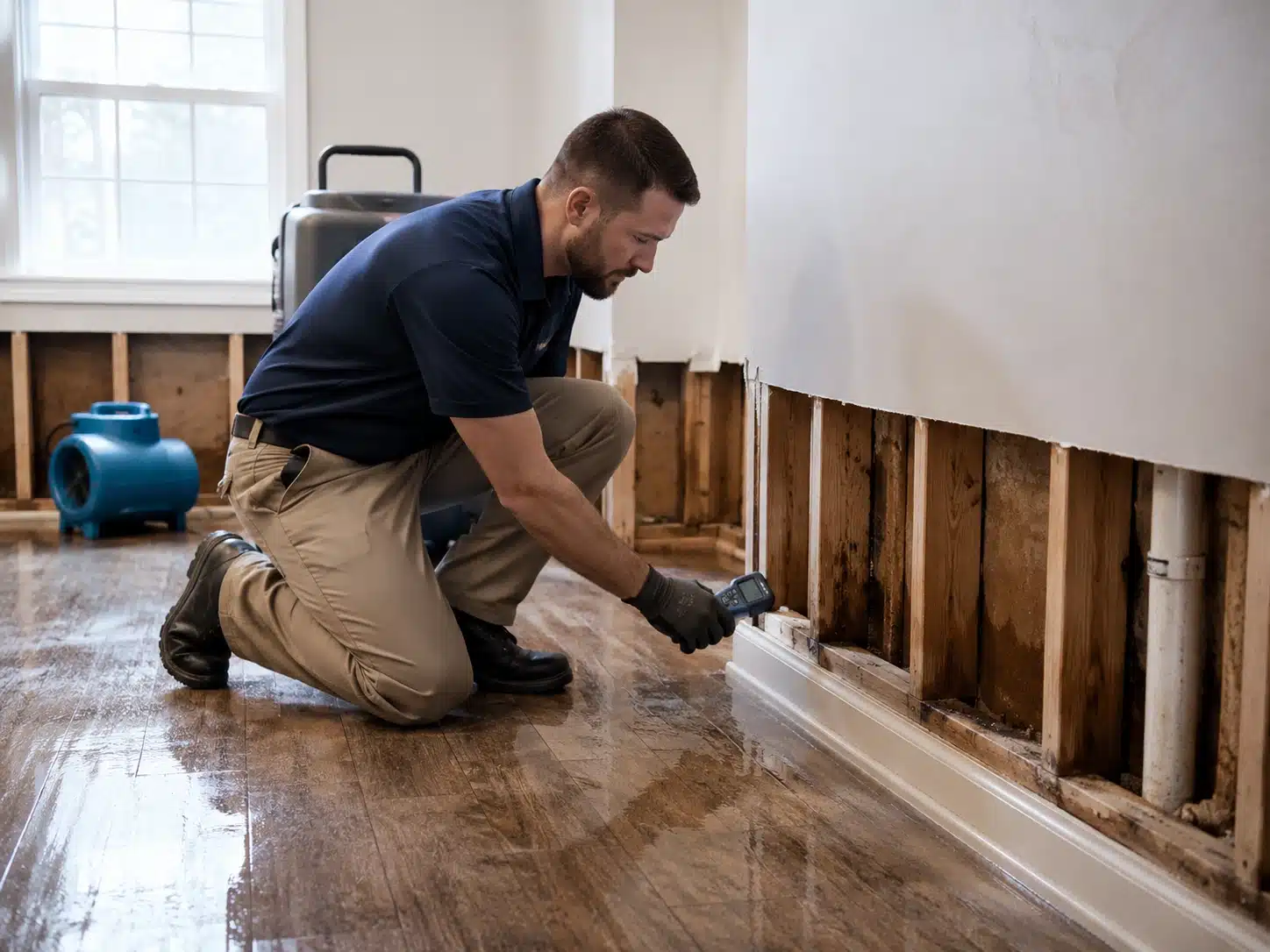 Restoration technician checking moisture levels after professional flood water extraction