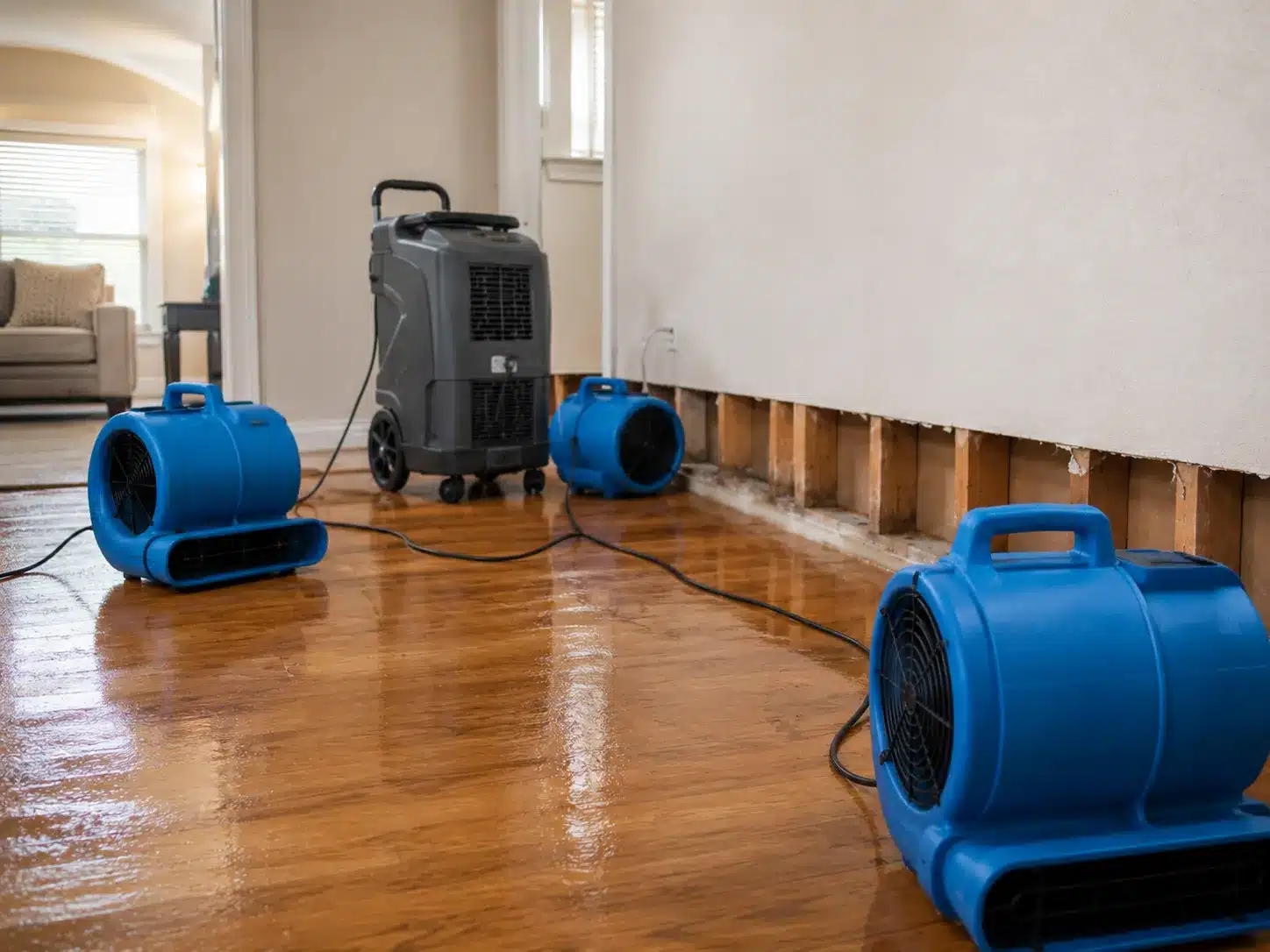 Water damage drying equipment on hardwood floor after a leak