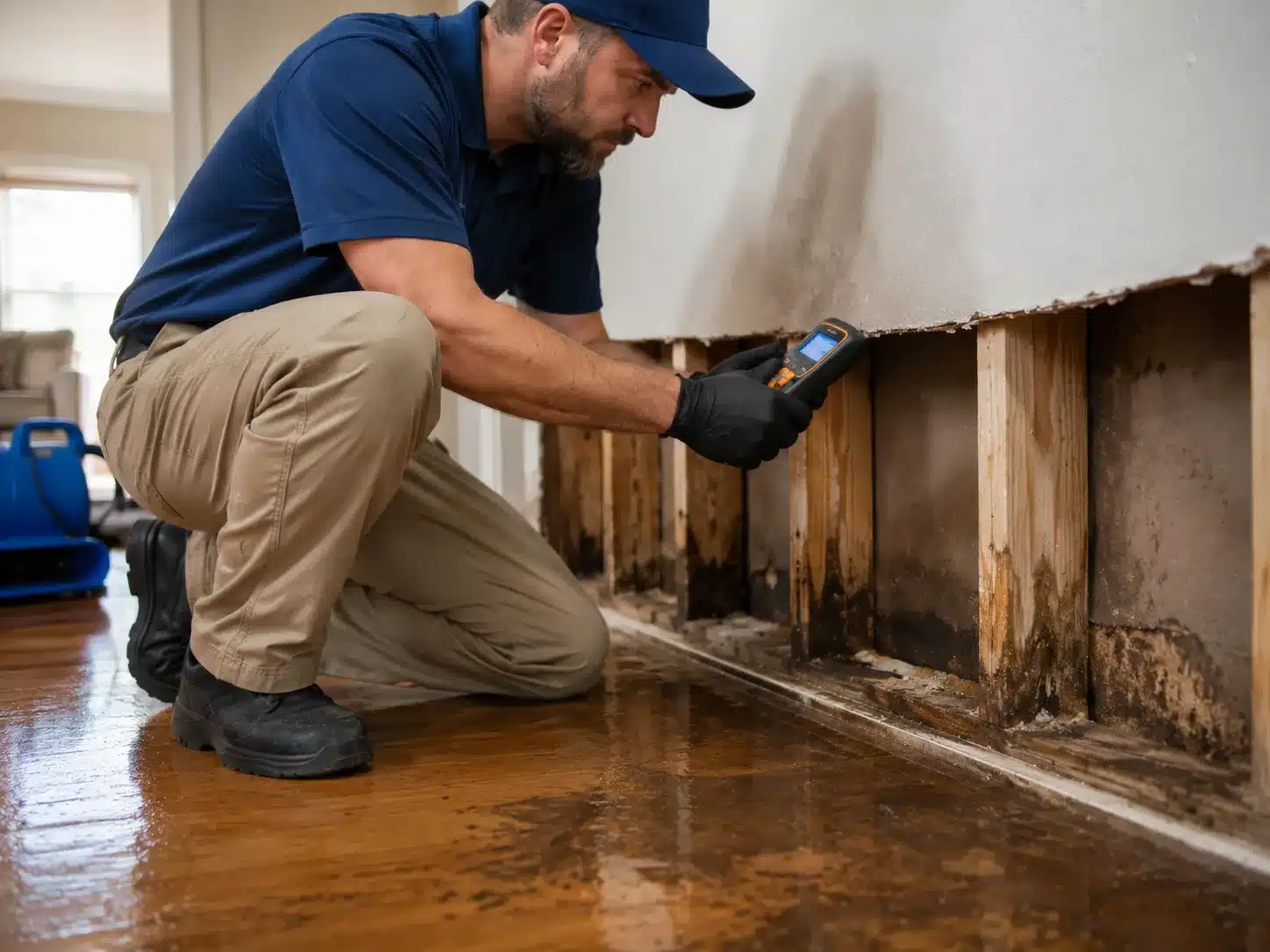 Water damage dry out inspection with exposed wall and moisture meter