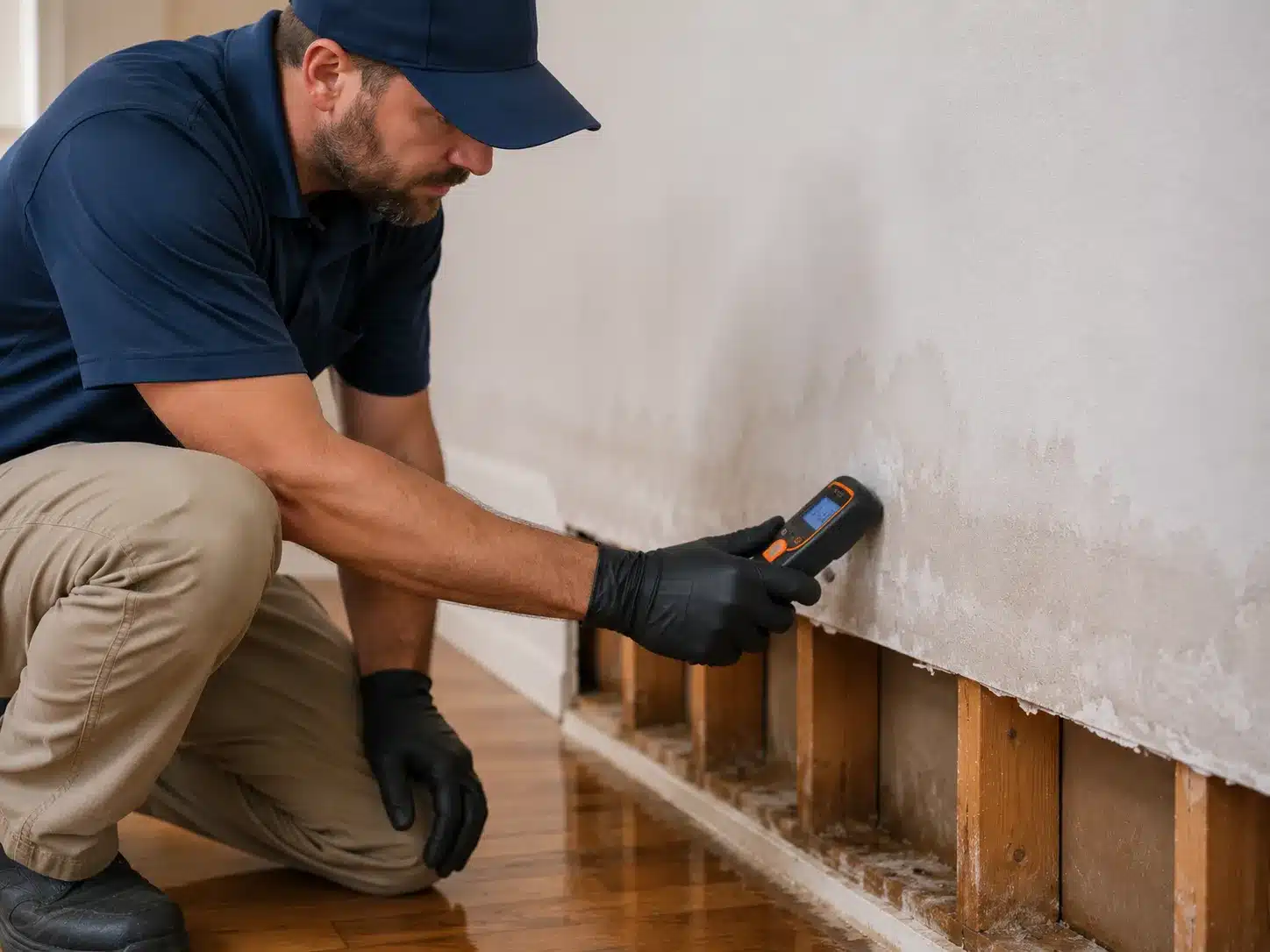 Technician checking a water damaged wall with a moisture meter