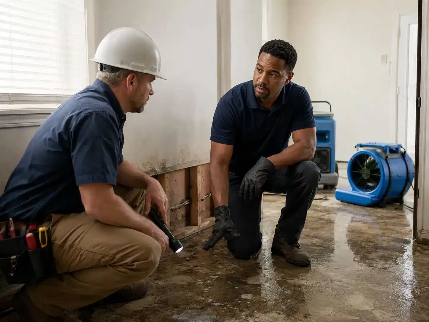 Electrician and restoration technician inspecting water damage near electrical wiring