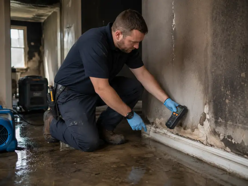 Restoration technician performing a moisture meter inspection after fire damage