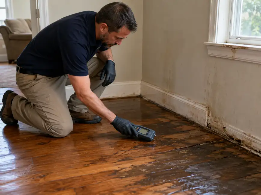 Restoration technician using a moisture meter to inspect a water-damaged hardwood floor