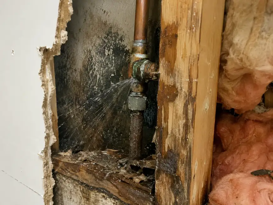 Hidden plumbing leak causing mold inside a wall cavity