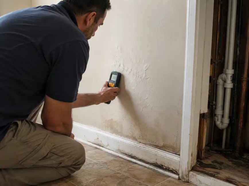 Restoration technician inspecting hidden wall moisture after a plumbing leak