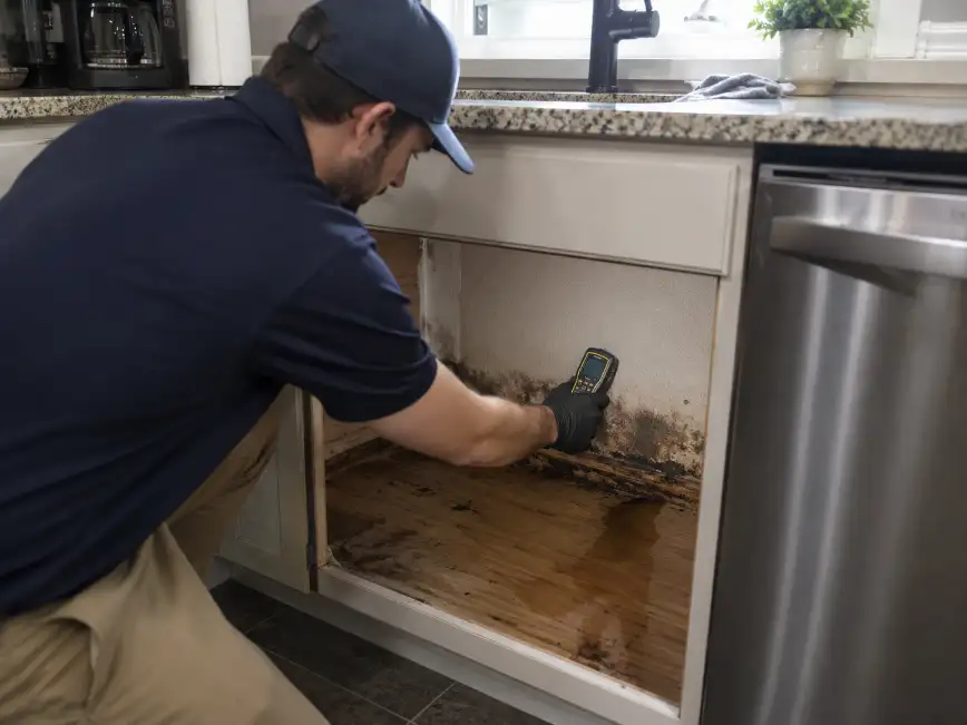 Restoration technician using a moisture meter to inspect water damage near kitchen cabinets