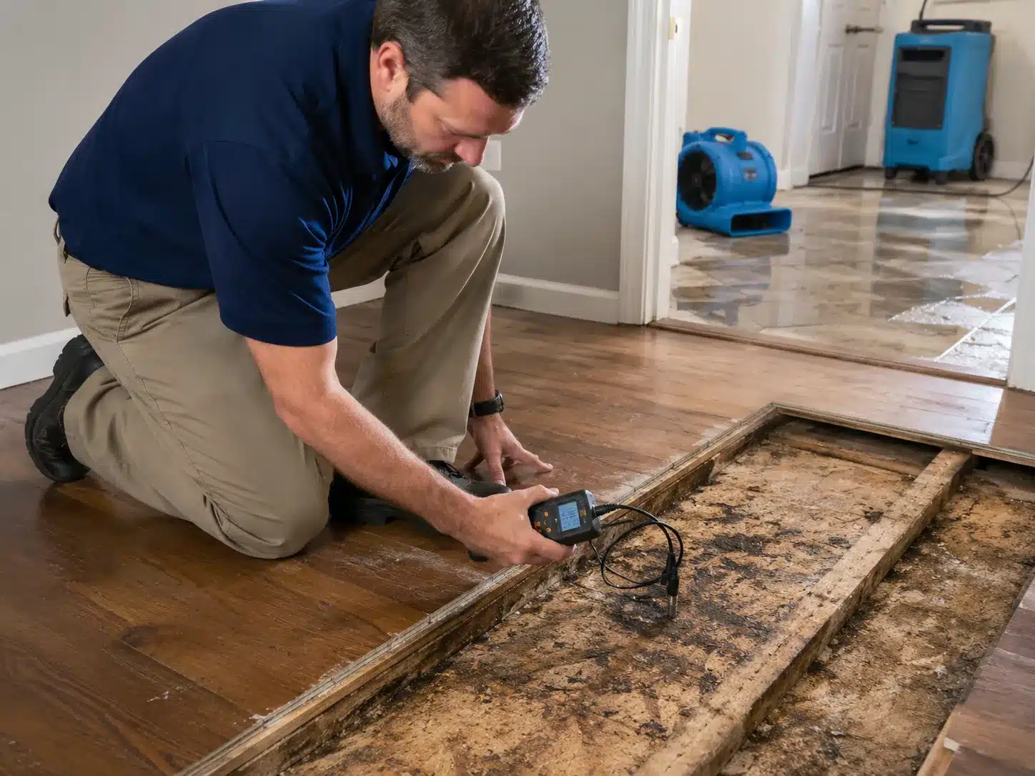 Restoration technician inspecting a water-damaged subfloor with a moisture meter