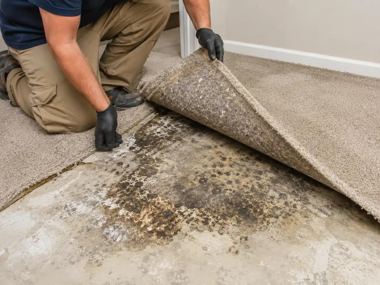 Mold under wet carpet padding and a water-damaged subfloor