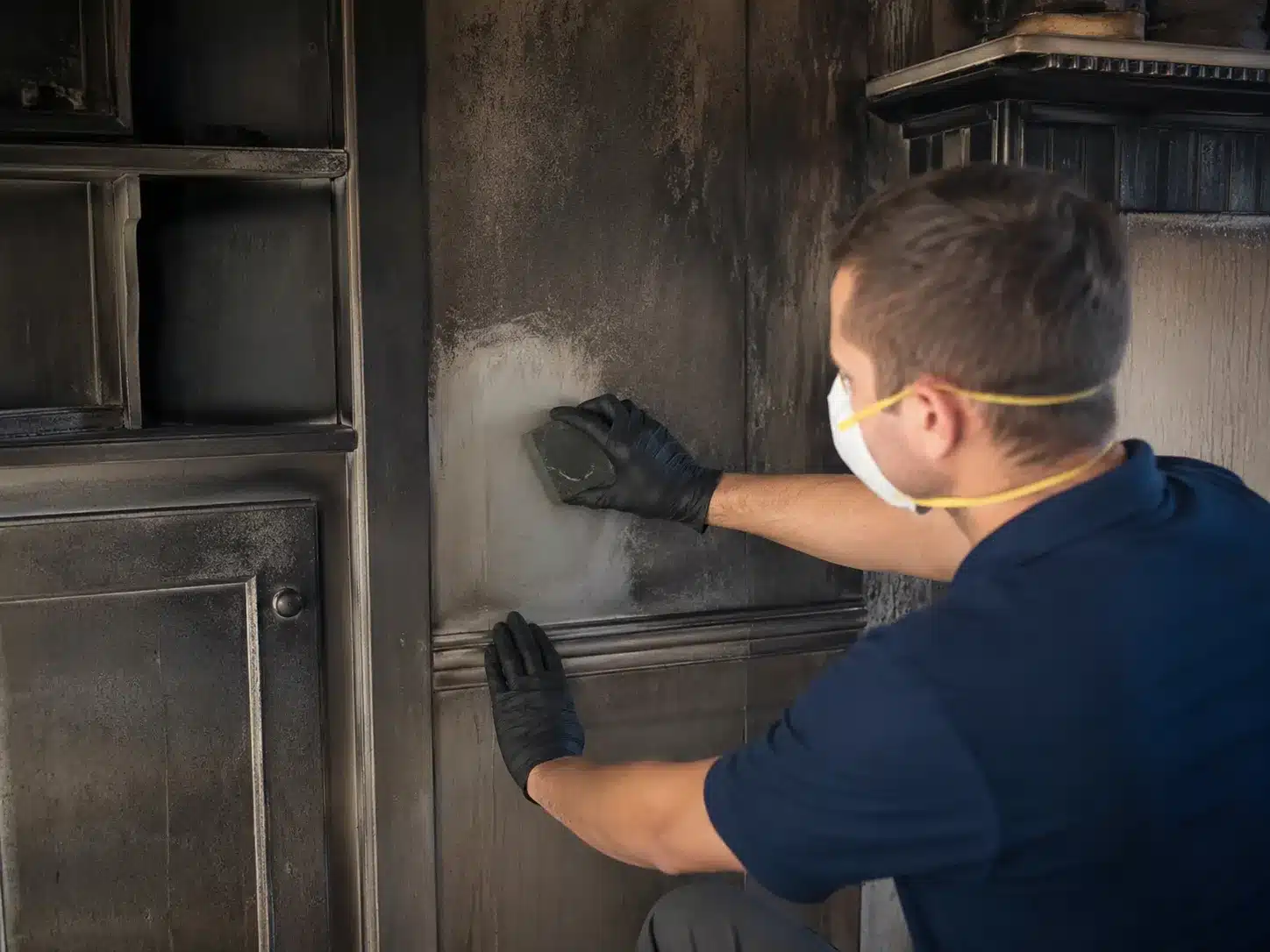 Restoration technician performing professional soot damage cleaning