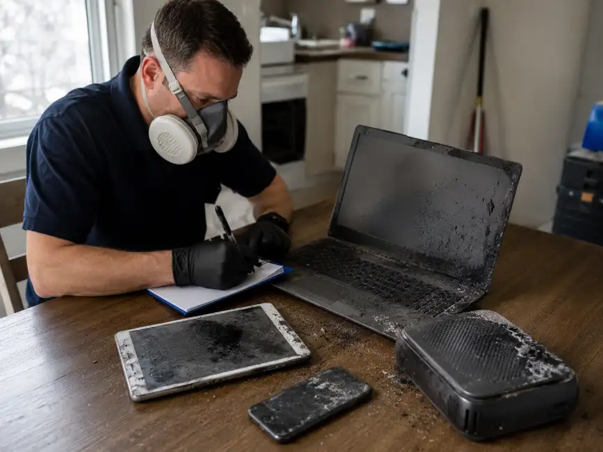 Professional inspection of smoke-damaged electronics after a house fire