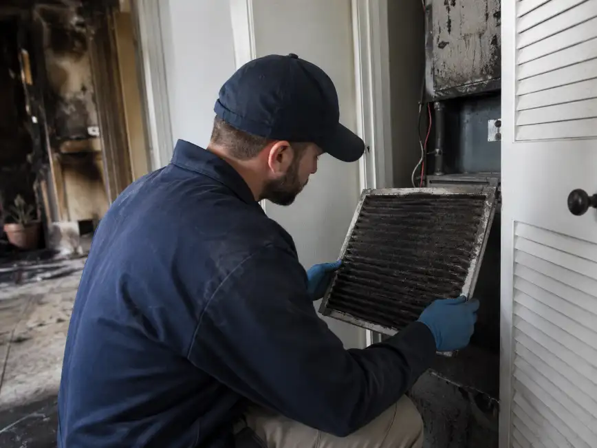 Smoke-damaged HVAC filter being inspected after a house fire