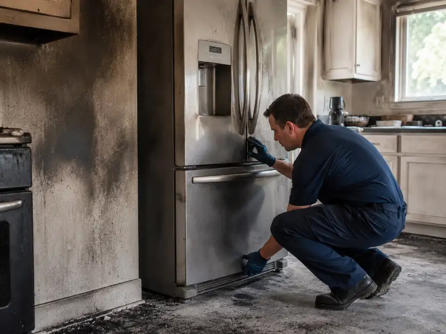 Professional inspection of a smoke-damaged refrigerator after a house fire