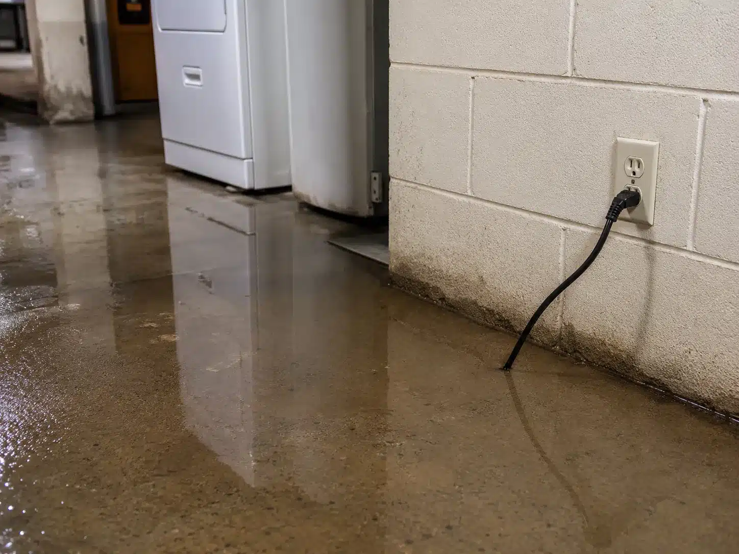 Standing water near an electrical outlet in a flooded basement