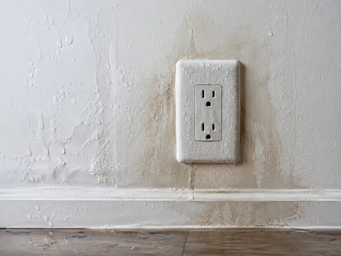 Close-up of a water-damaged electrical outlet showing moisture exposure