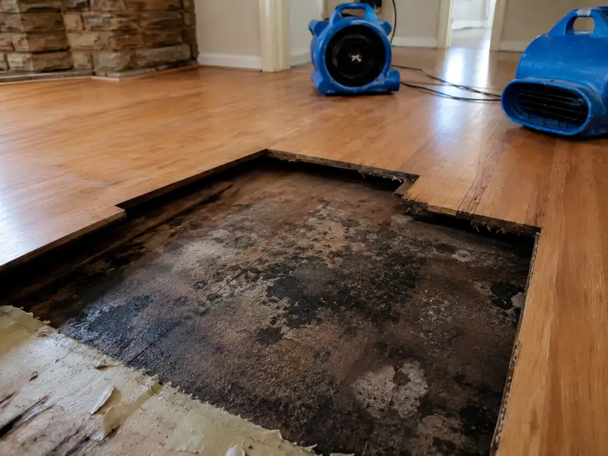 Water-damaged hardwood flooring removed to expose the wet subfloor underneath