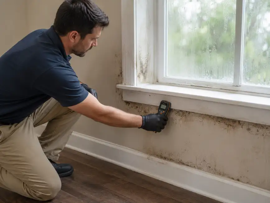 Restoration technician using a moisture meter to inspect mold and water damage around a window