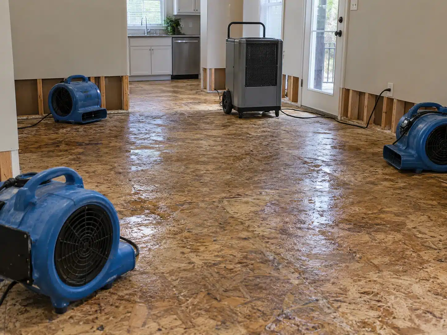Drying a wet subfloor after water damage