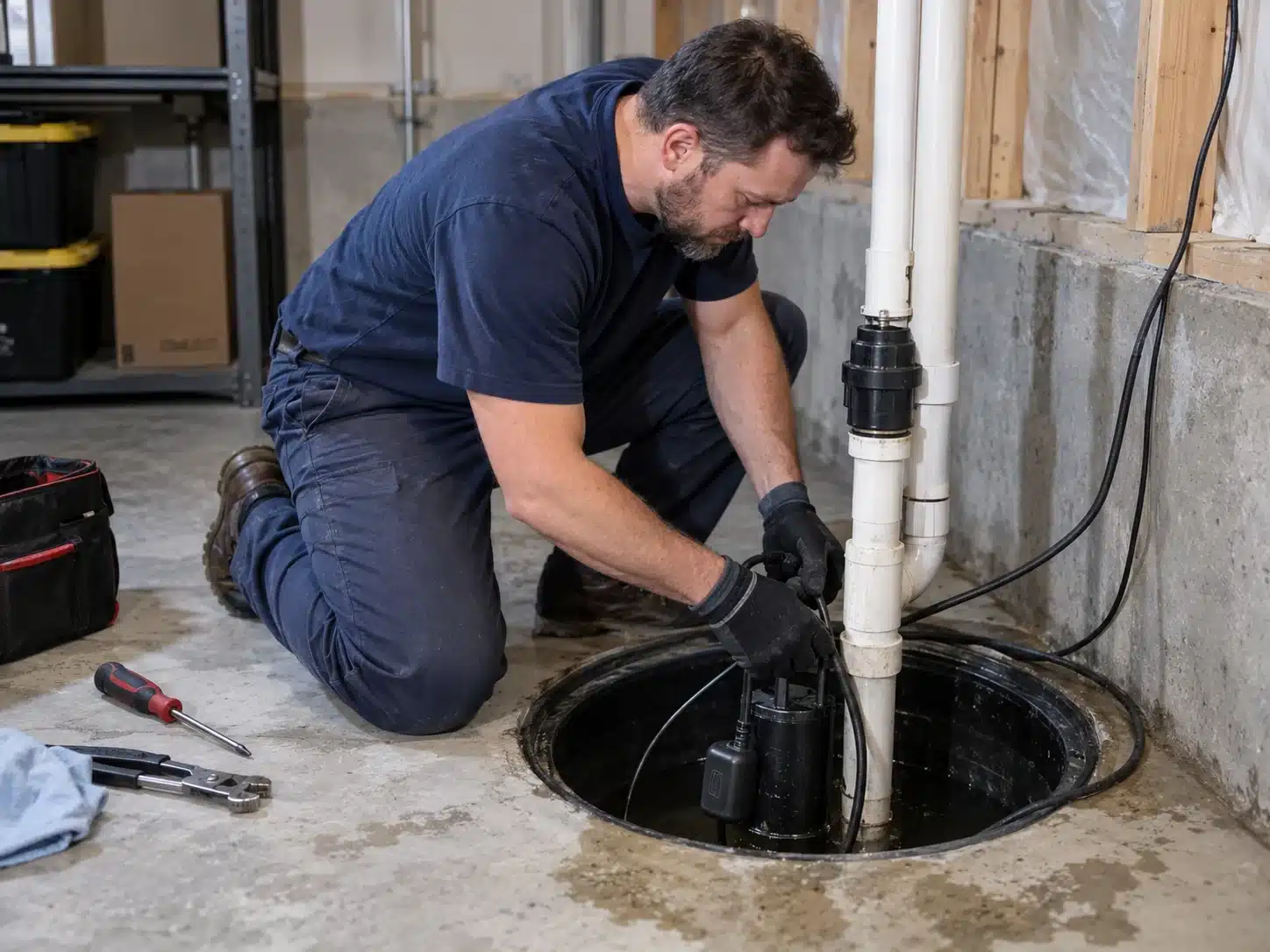 Emergency sump pump repair after basement flooding