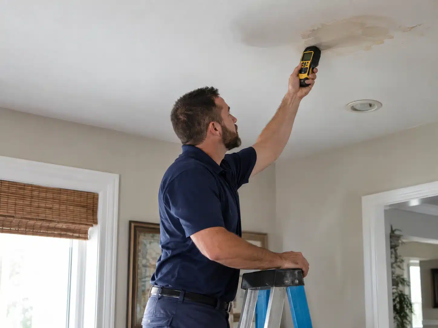 Moisture inspection of a water-damaged ceiling drywall area
