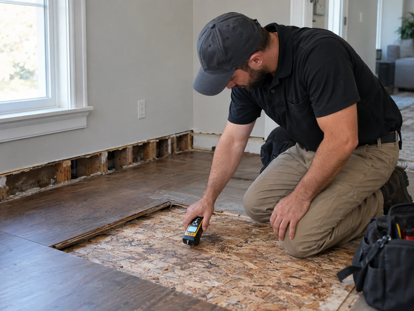 Professional moisture testing of a wet subfloor after water damage