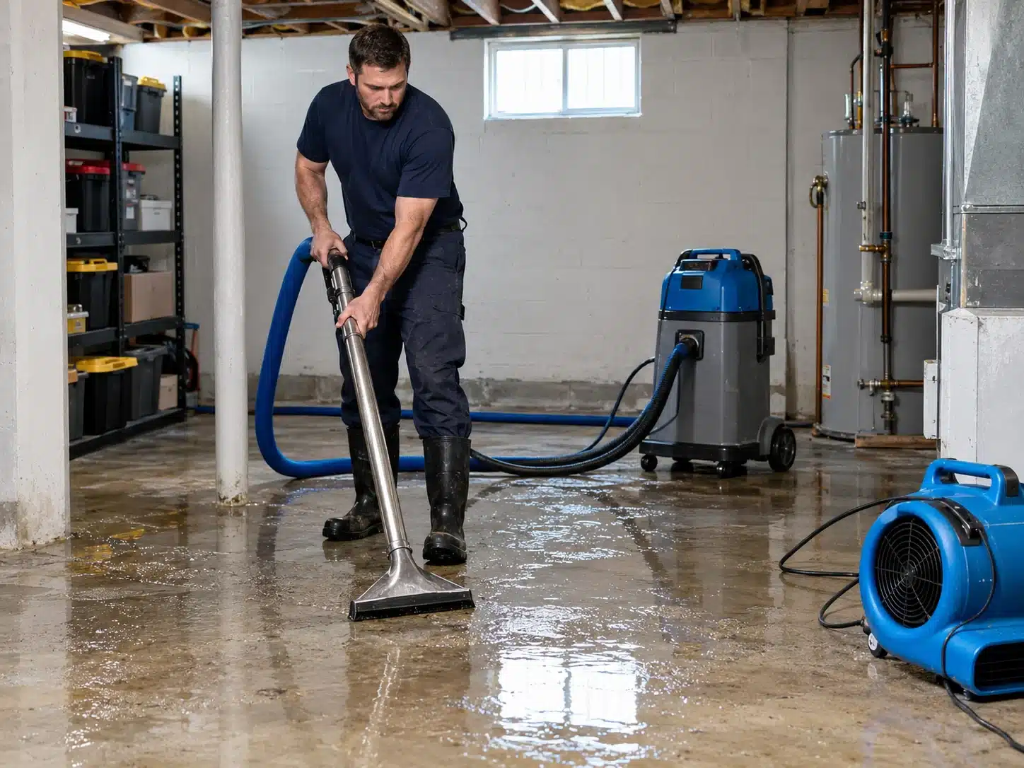 Professional basement water extraction after sump pump failure