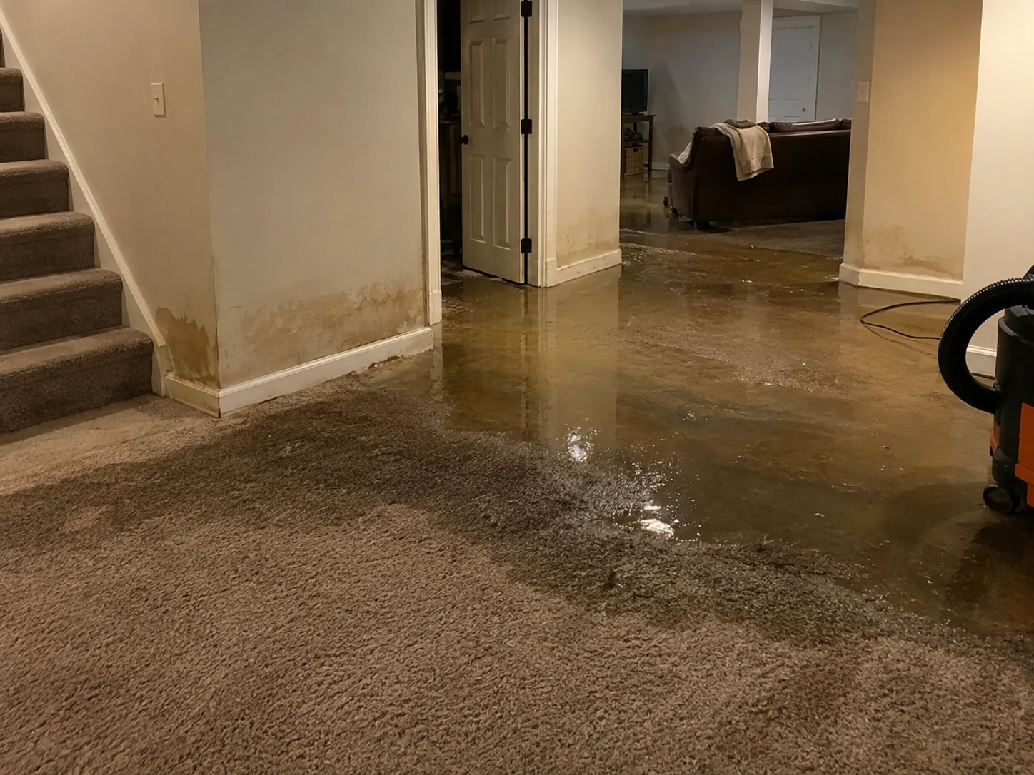 Sewage backup water damage affecting a basement floor and lower walls