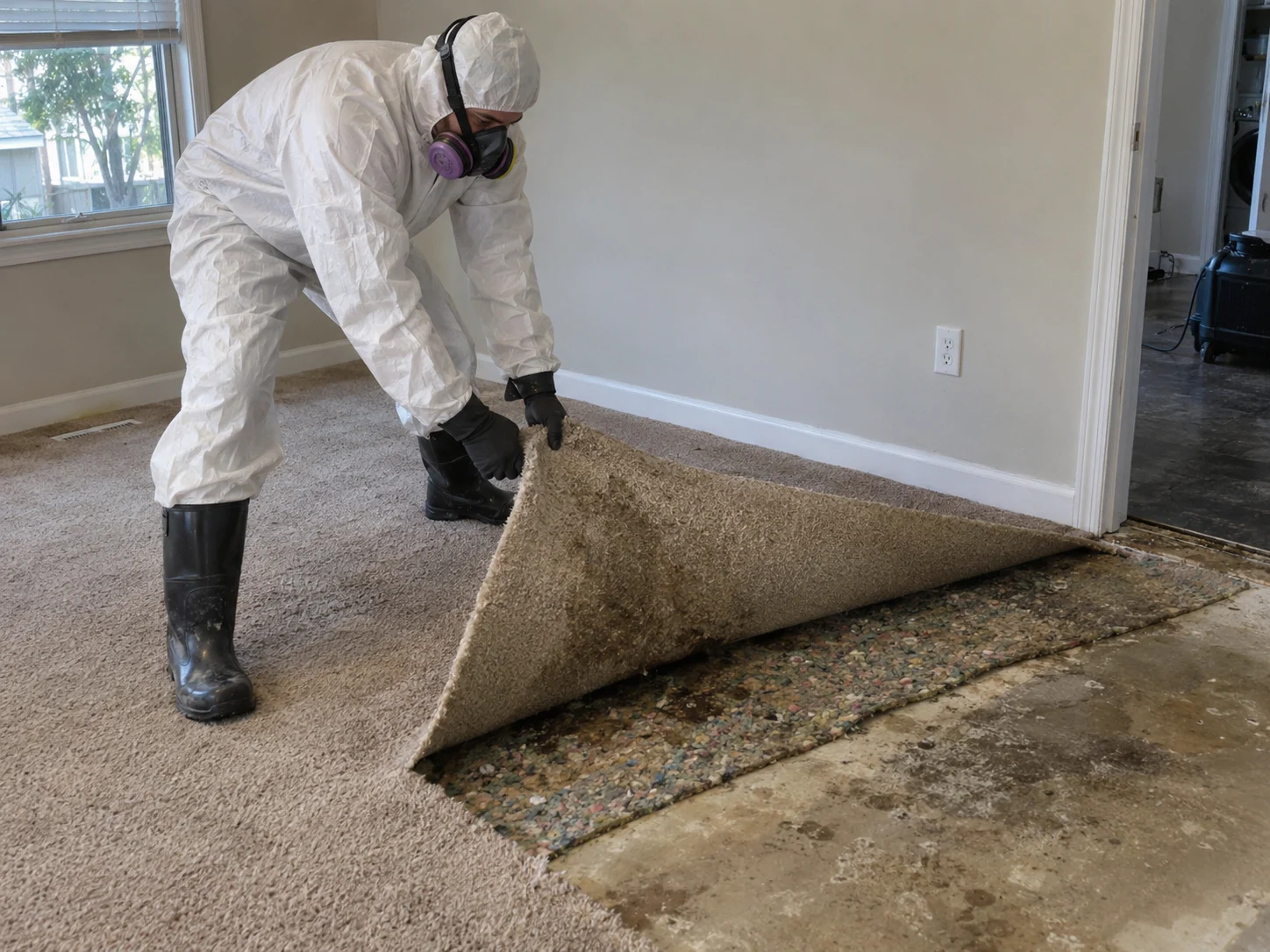 Removal of sewage-damaged carpet and padding during professional cleanup