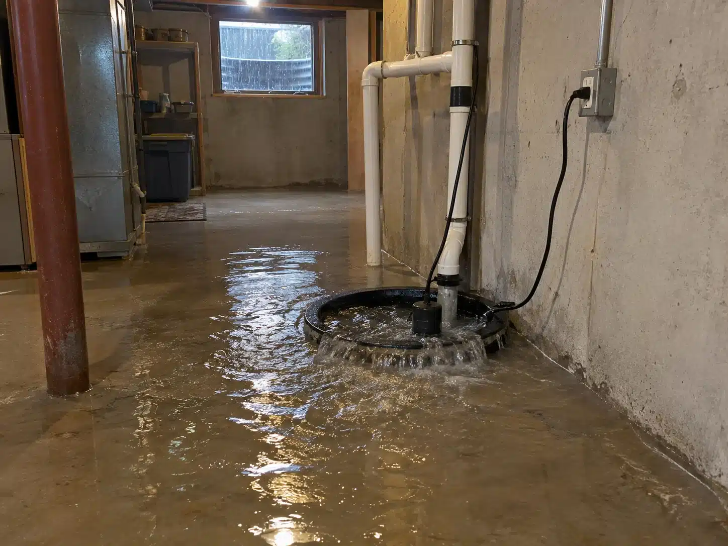 Sump pump failure during heavy rain causing basement water intrusion