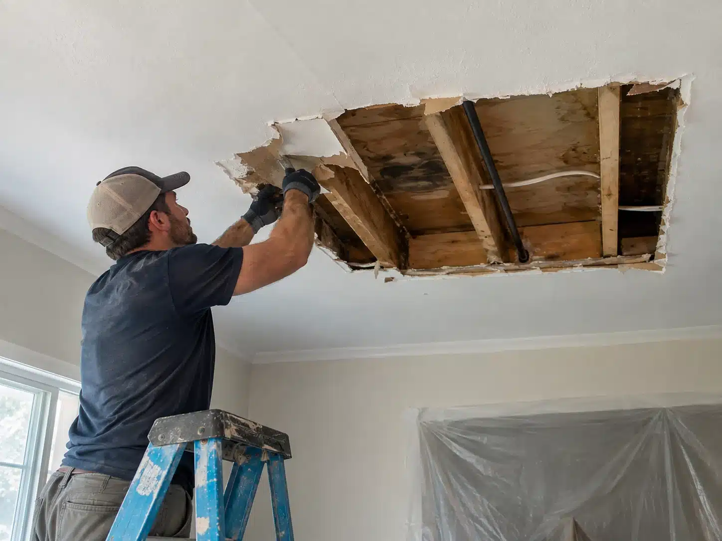 Water-damaged ceiling drywall replacement during reconstruction