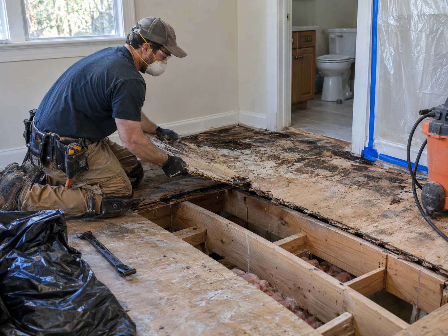 Water-damaged subfloor replacement during restoration
